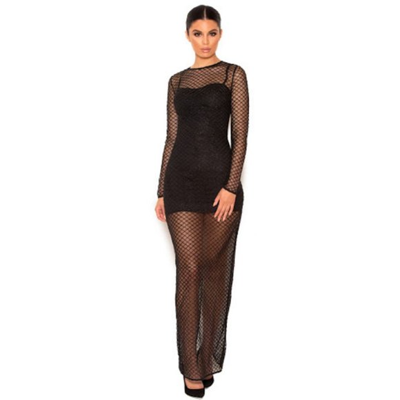 NWT Micro-Fishnet Long-Sleeve Maxi Overlay Cover-Up - Picture 2 of 4